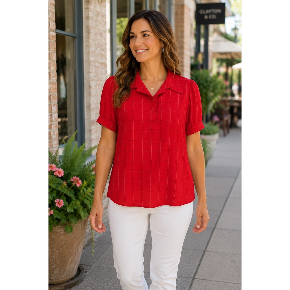 Dressbarn Woman Polo Top Womens 14/16 Red Windowpane Check Blouse Plus Size